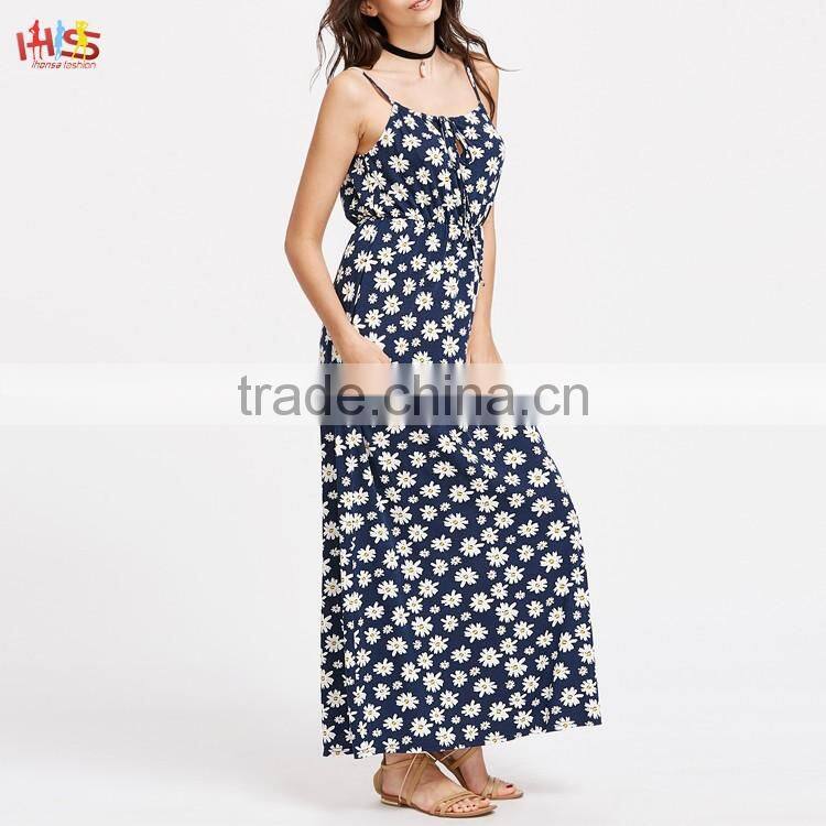 Ladies Fashion Dresses Women Summer Pictures Daisy Print Tie Front Elastic Waist Cami Dress