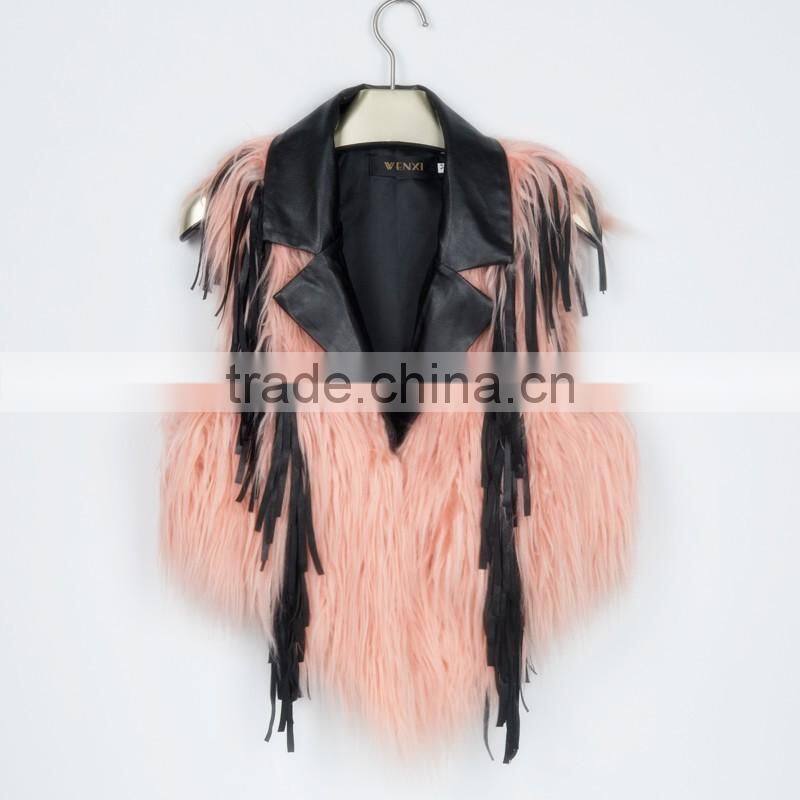 2016 new European style leather splicing faux fur vest woman dress