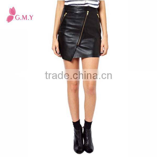 Womens Sexy Asymmetrical Zipper PU Leather Mini Skirt, Black Short Leather Skirt