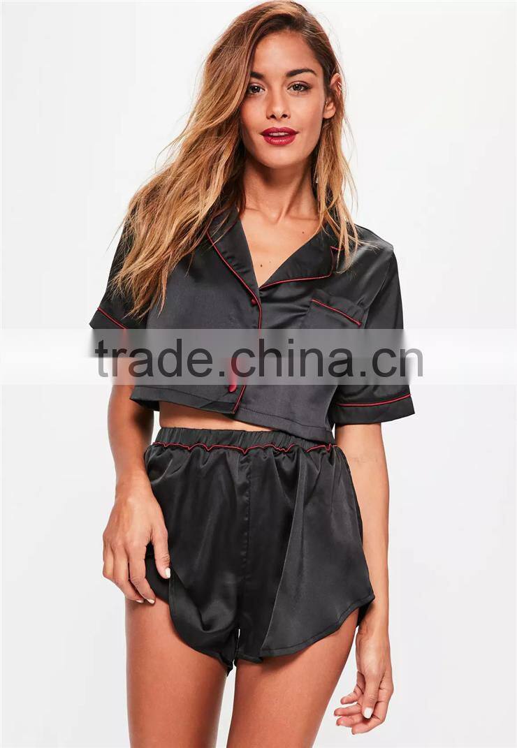 MGOO Embroidered Satin Pajama Set Black Satin Applique Detail Pyjama Set Crop Short Sleeve Button Top With Shorts