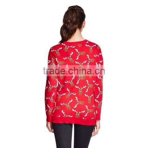Women Red Sweater Allover Reindeer Head Pattern Knitted Christmas Jumpers