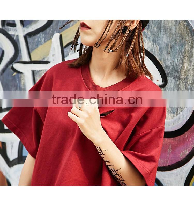 Wholesale Custom T Shirt Manufacturer Women thin 100%cotton short sleeve ripped t shirt with distressed
