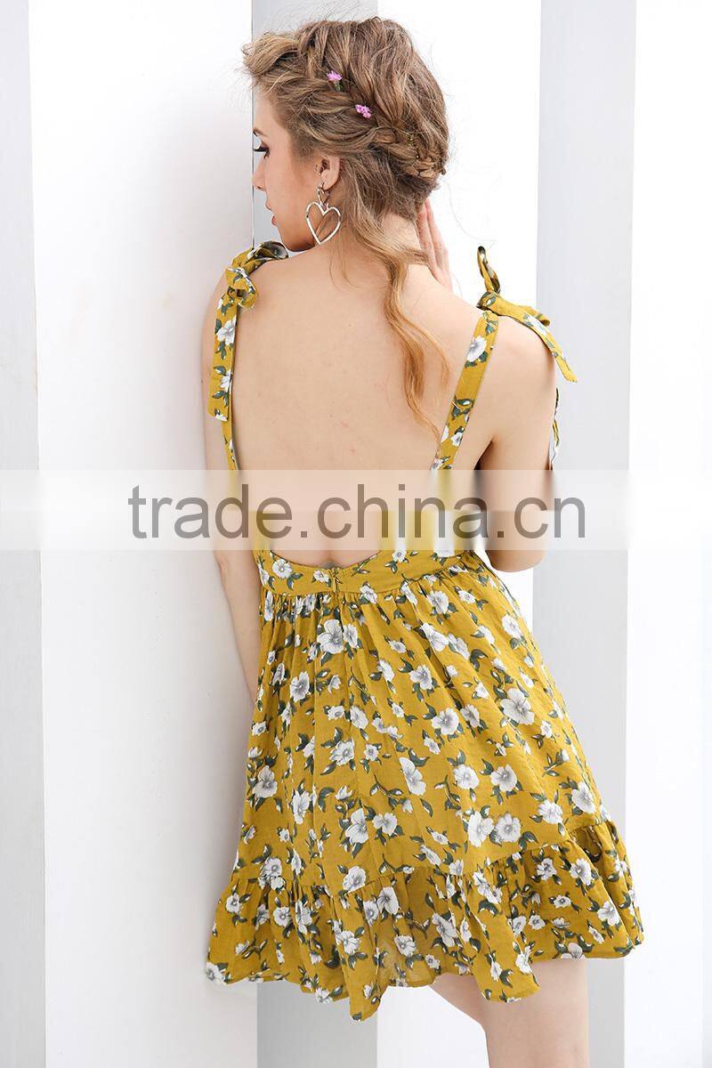 Sexy backless padded print summer dress women Summer v neck beach dresses Boho strap yellow short dress