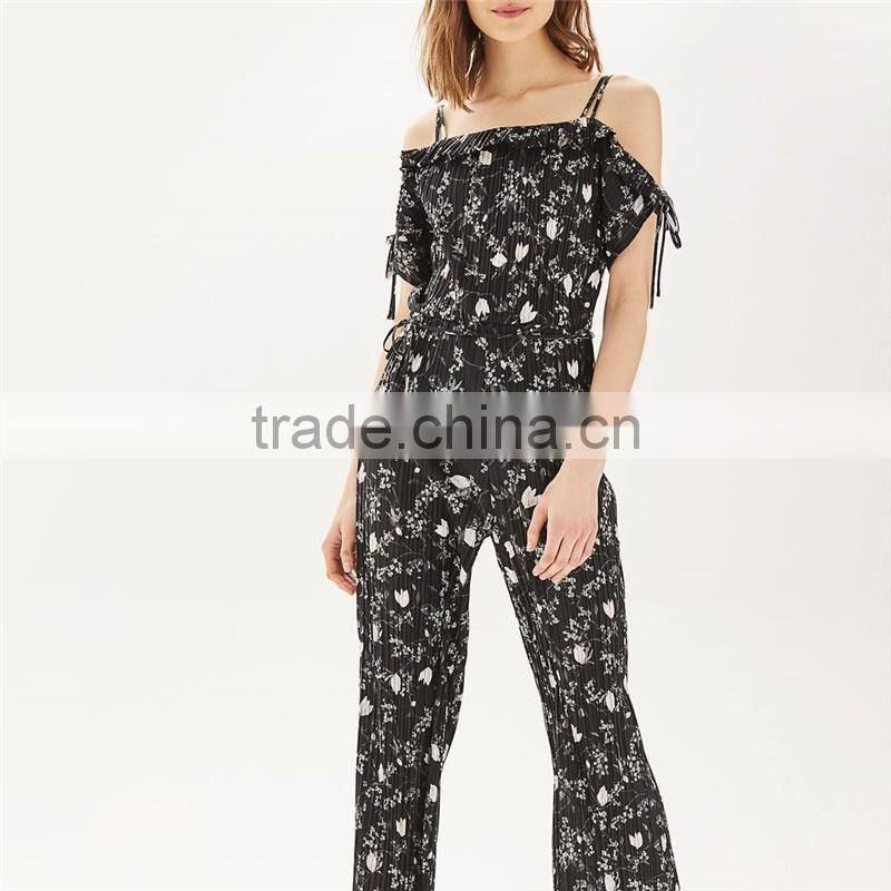 2017 spring polyester off-shouldert black print romper womens