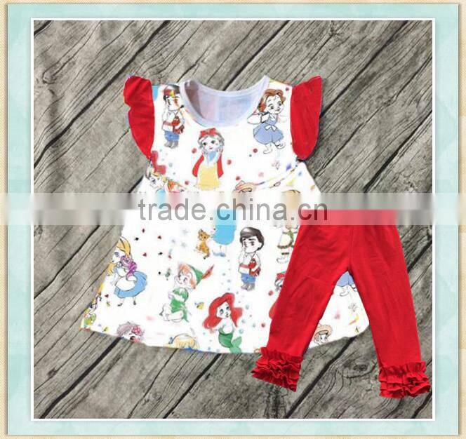 2017 stylish girl outfit clothing dancing girl pattern print top and bule ruffle pant baby wear clothes