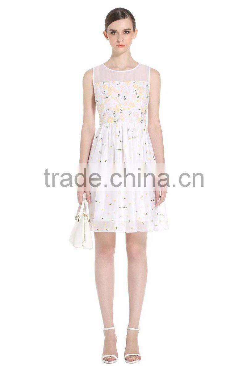 Ladies OEM service elegant white chiffon embroidery combined middle dress