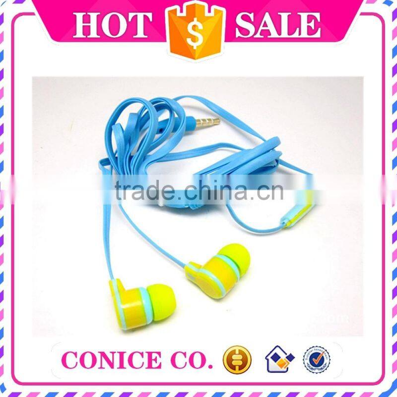 wholesale bicolor noodle cable in-ear earphone with volume control with mic