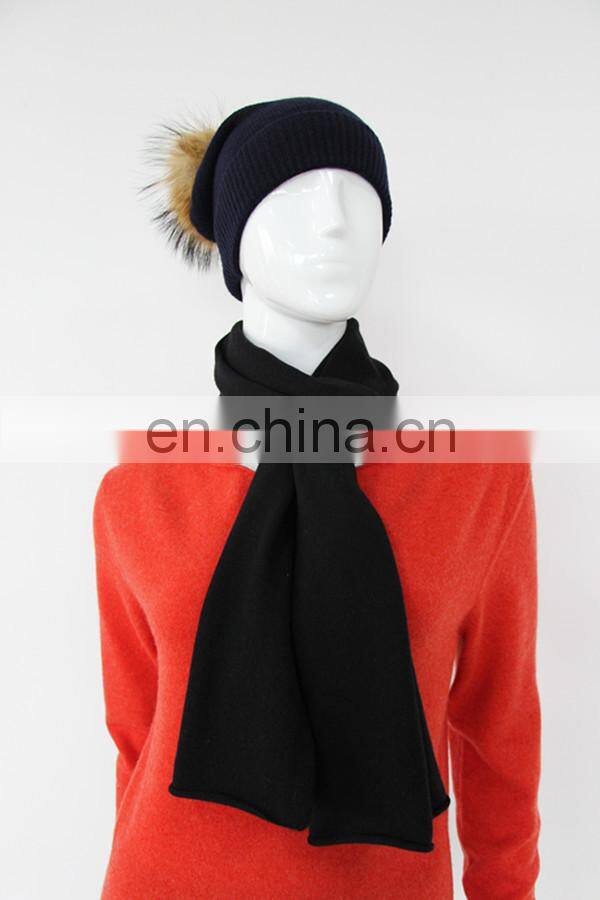 navy color plain cashmere beanie hat & scarf with raccoon fur pom pom