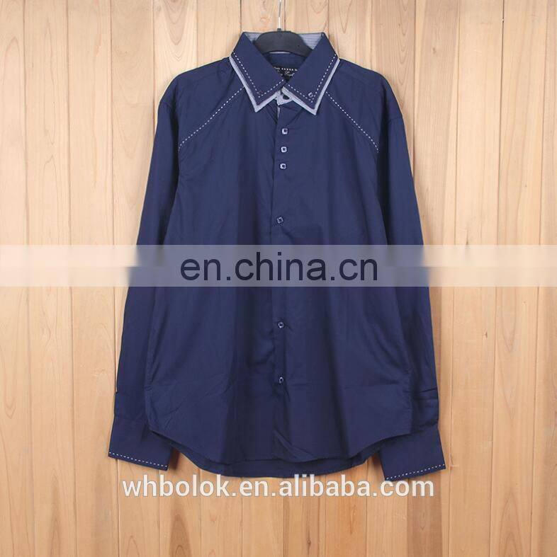Customized Men's dark blue solid cotton shirt dress causal fitted mens shirt