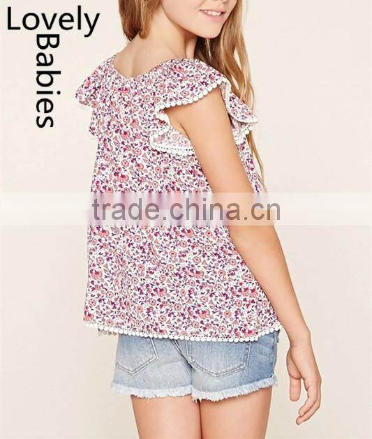 Wholesale boutique clothing china kids floral print crochet trim tops