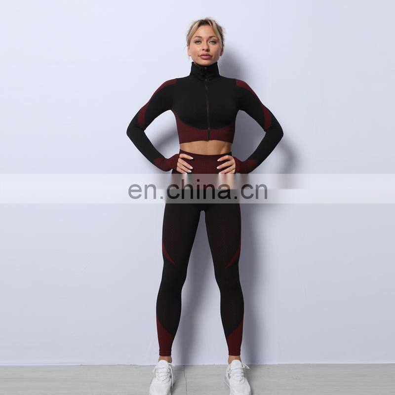 Wholesale women 3 pieces crop top leggings and sports bra workout clothes 3 pieces seamless yoga belt zipper suit