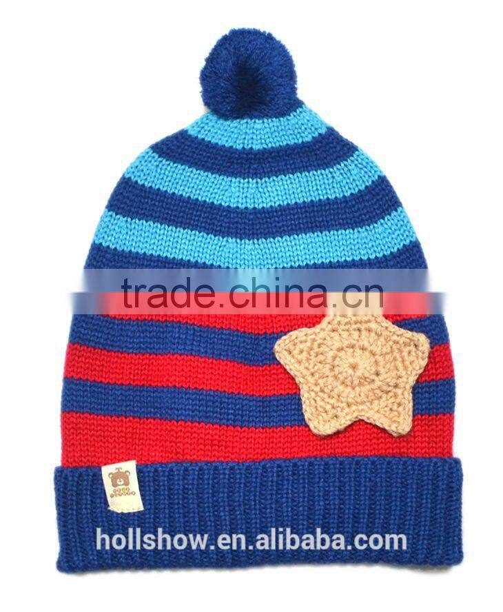 Hot Selling Star Applique Baby Boys Girls Stripe Knitted Pom Pom Baby Beanie Cap