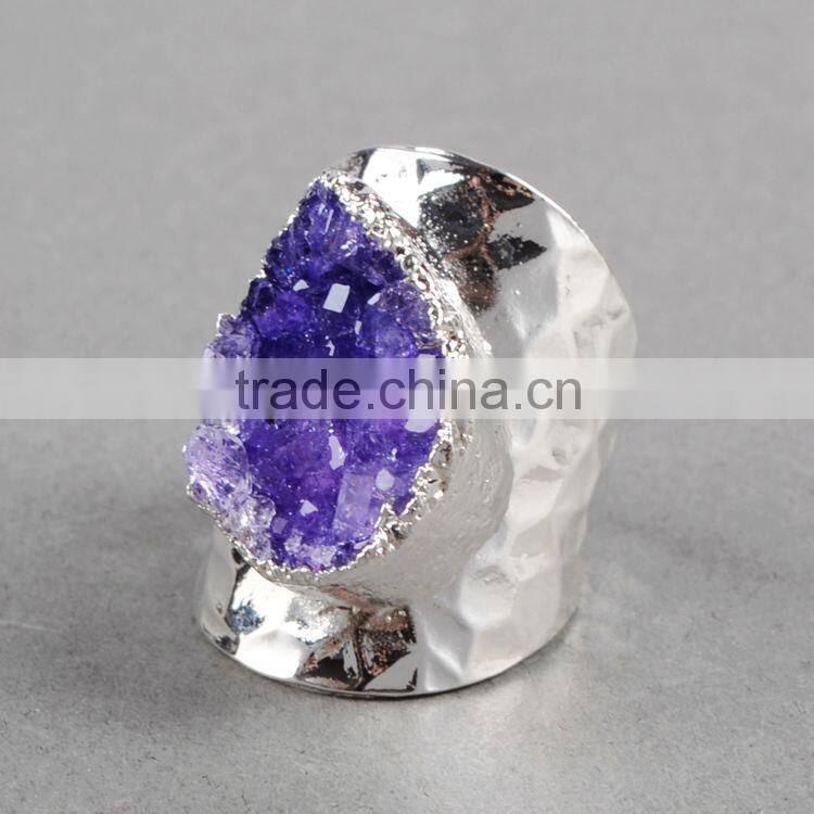 Fashion agate druzy ring cuff with silver electroplating, Natural agate drusy band ring