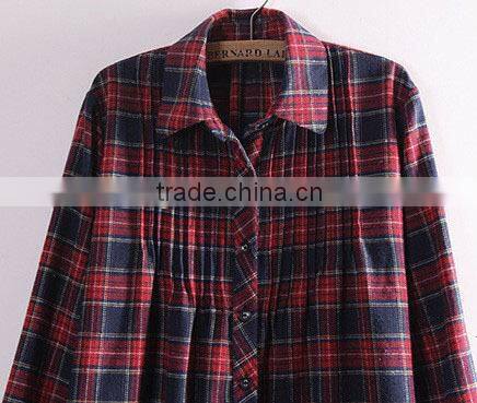 lady checked long skirt cotton shirt emboridery long sleeve blouse