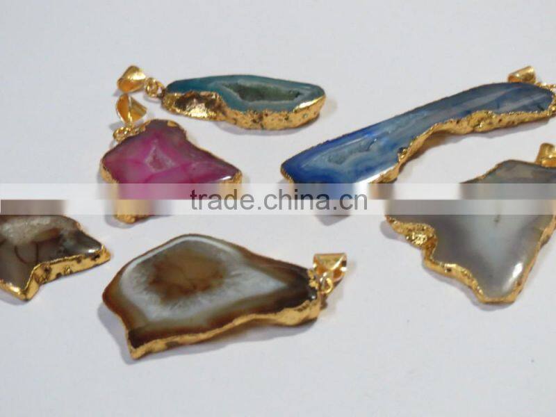 Natural ELECTROPLATED GOLD Agate Slice Pendant