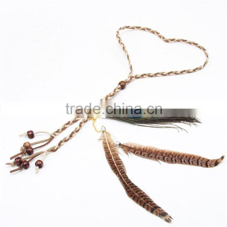 DSHB01 Tribal hair band indian peacock feather pendant headband golden leaves rope knitted belt elastic hairband
