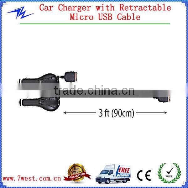 Car Charger with Retractable Cable,Mini USB Car Charge 5V 1000mAh with CE & RoHS