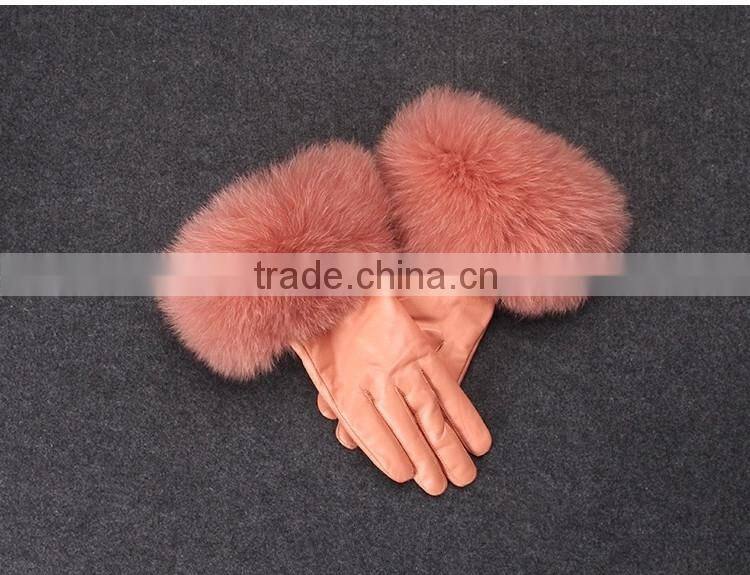 Winter Ladies Sheep Leather Gloves With Beige Fox Fur Cuff