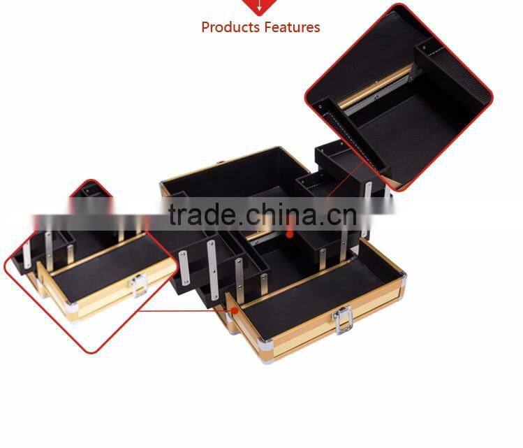 Chinese Factory Custom Best Quality Pro Kiss Lock Gold Clasp Aluminum Makeup Train Case