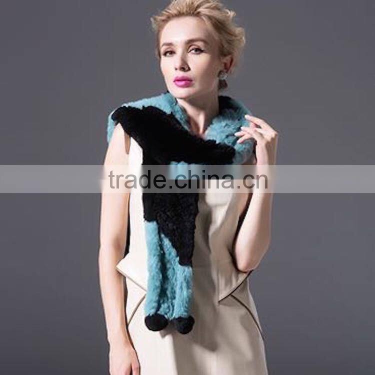 New Arrival Real Ladies Mixed Color Knitted Rex Rabbit Fur Scarf for Fashionable Girls'