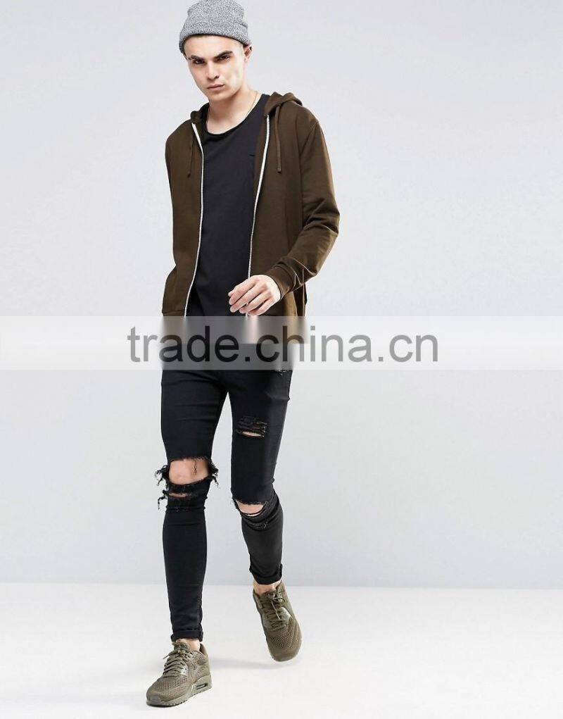 Promotion men 100% cotton high quality white zipper rib hem blank khaki hoodie
