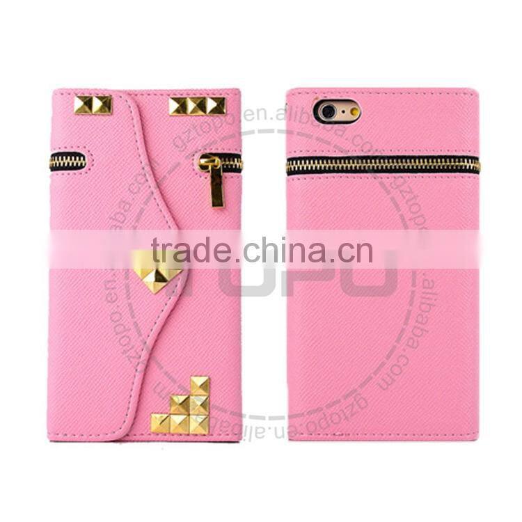 wholesale Rivet bling bling wallet case for iphone 6 leather voltage holster card zipper flip cover case for iphone 6s plus