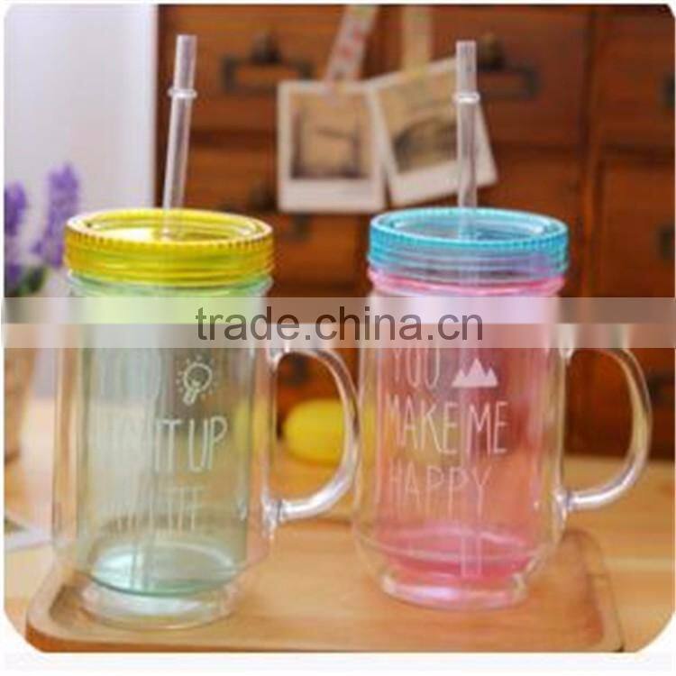Double wall coloured plastic mason jar with straw and plastic lid 500ml-600ml