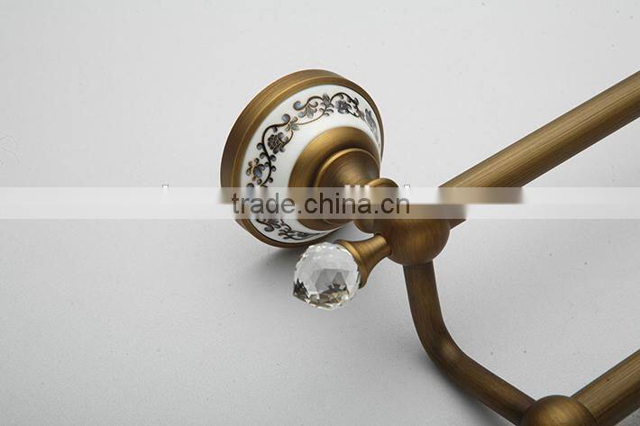 2016 new design bathroom brass ,ceramic double towel bar/ towel rod / towel rail accessories with crystal hook