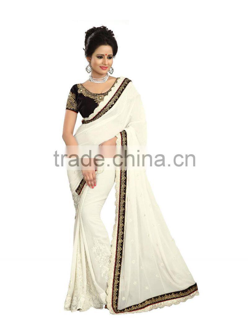 White Georgette Saree with Black Valvet Blouse