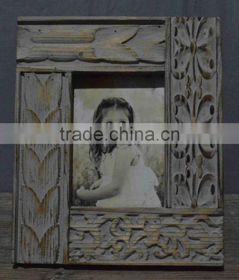 antique wooden engraved photo frame, timeworn wooden carved picture frame