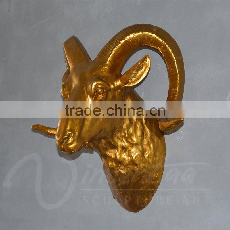 Hiagh quality crafts life fiberglass golden sheep head wall hanging statues for home decor