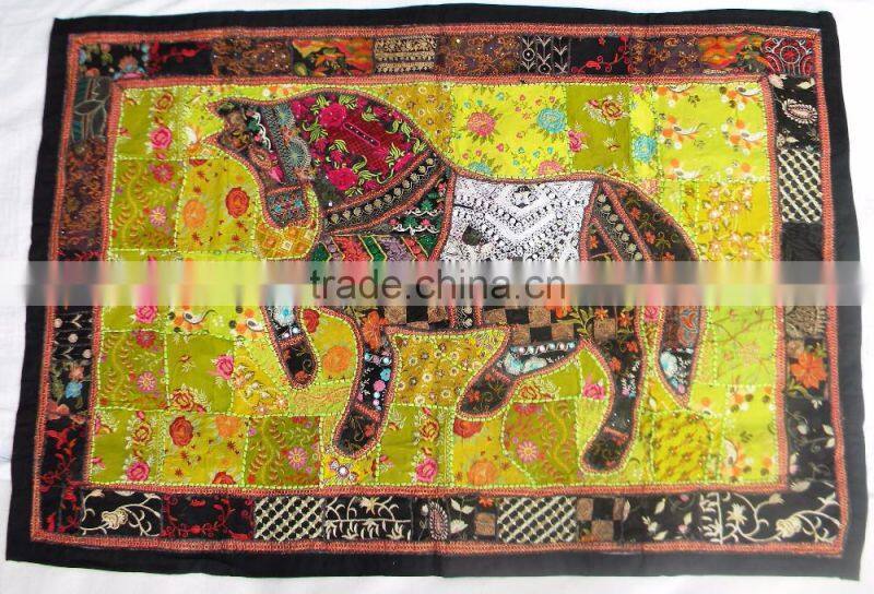 Indian Old Fabric Wall Decor With Horse Figure - Handworked Cotton Fabric Patchwork Wall Hanging Tapestry