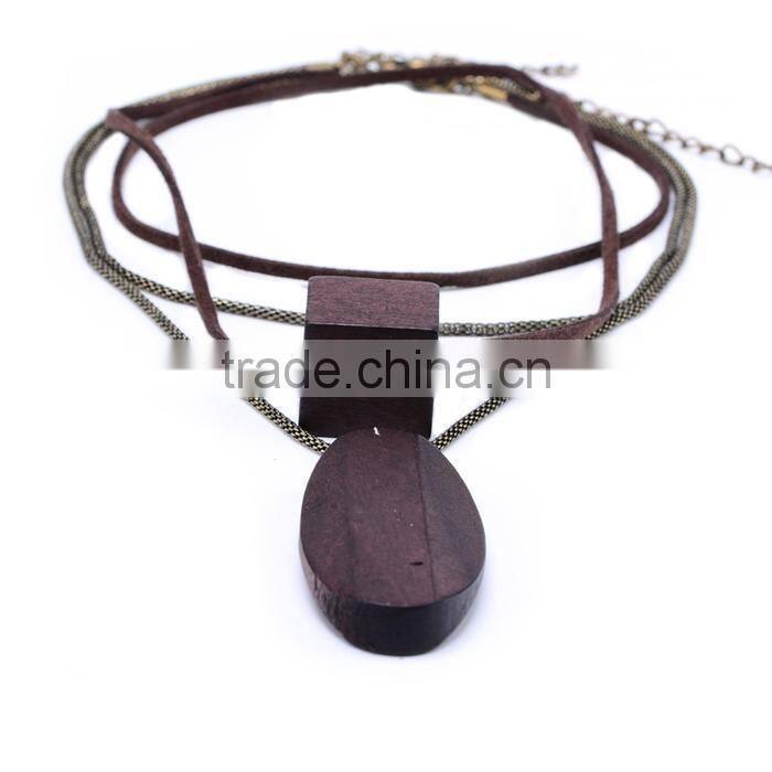 multi strand geometric wood bead pendant necklace long wooden beads sweater necklace layered suede leather chain necklace