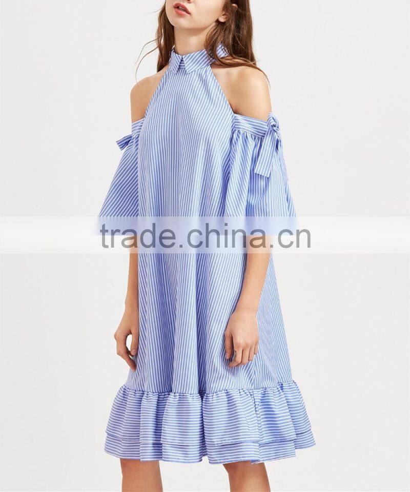 Guangzhou Clothing OEM Tie Sleeve Ruffle Hem Dress Pictures Of Latest Fashion Styles