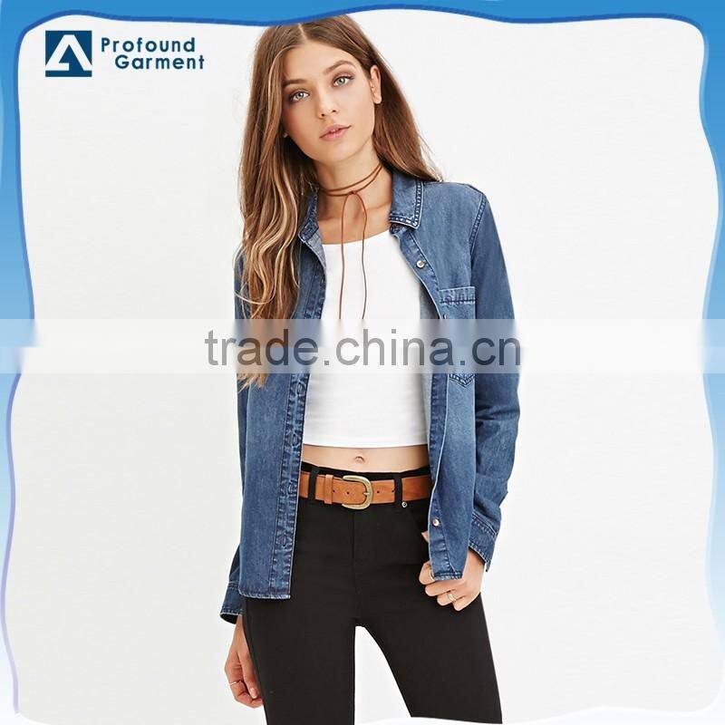 wholesale plain blank custom women black roll sleeve shirts slim fit denim jean shirts