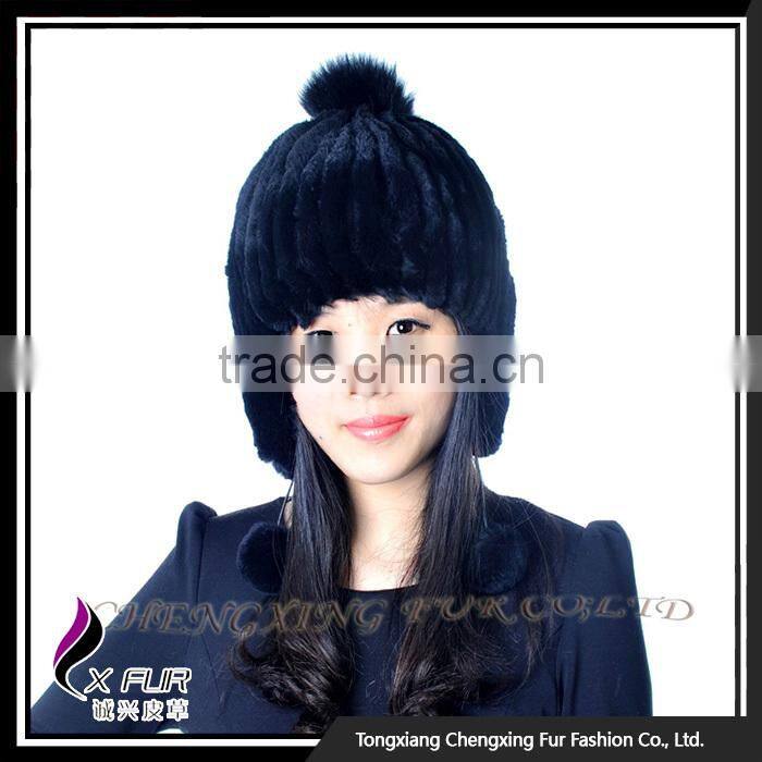 CX-C-116H Hand Knitted Beanie With Fur Ball Stock Rex Rabbit Fur Ladies Hats