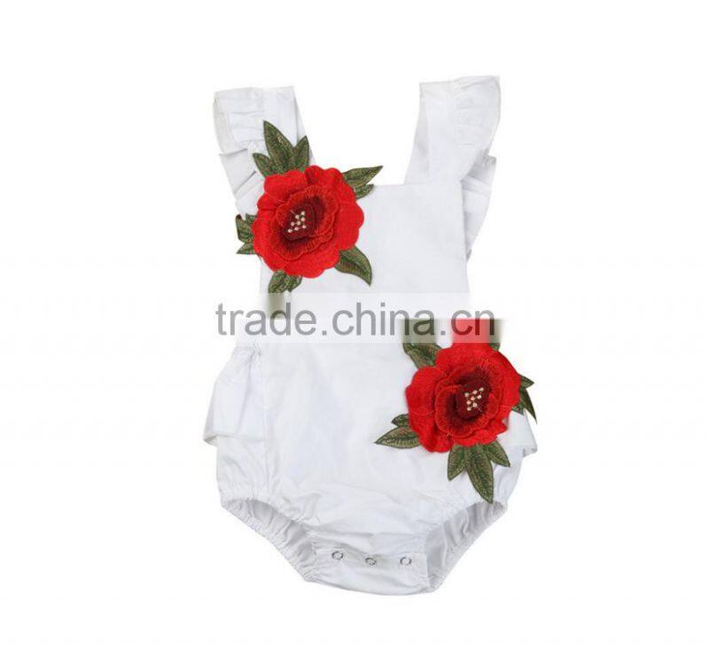 Rose Flower Decoration Cotton Fabric Handmade Baby Romper Flutter Jumpsuit