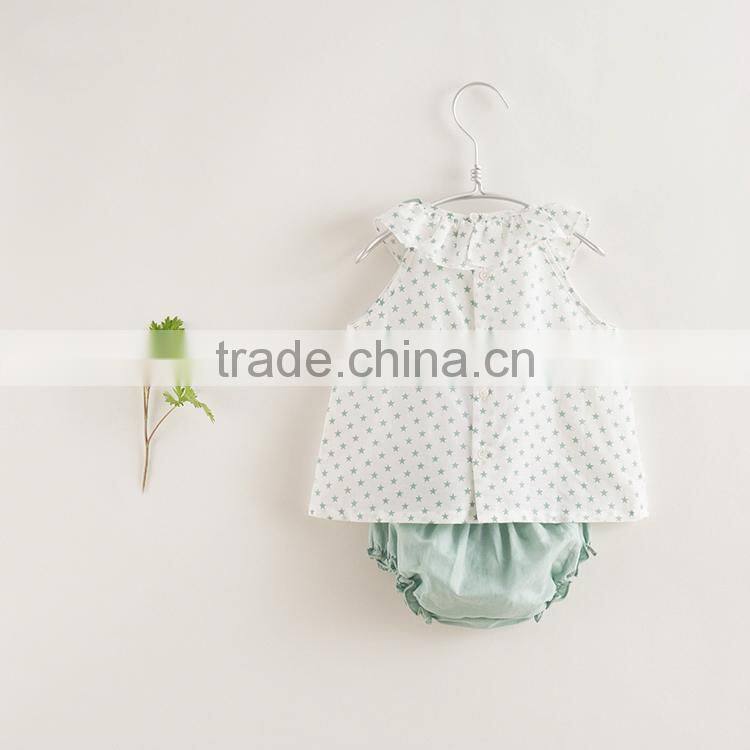 Wholesale summer new design clohing set girl green star cotton linen suit match solid green bloomer