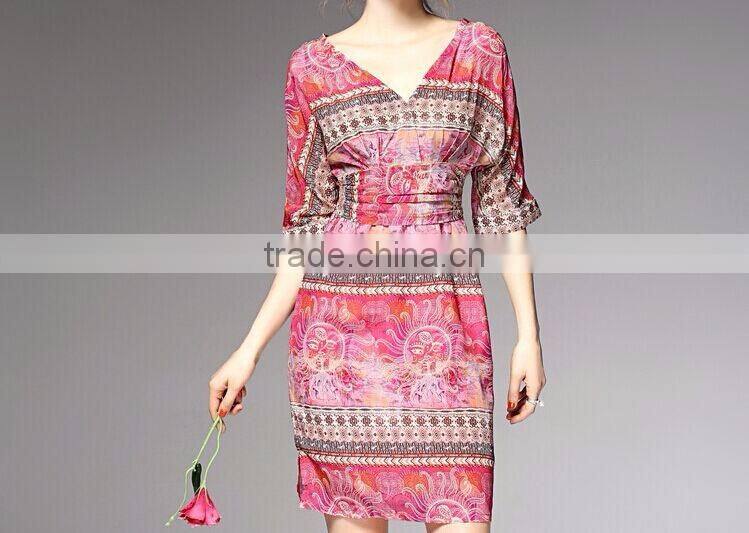 F20045A Europe style women silk dress printed pattern one piece dress