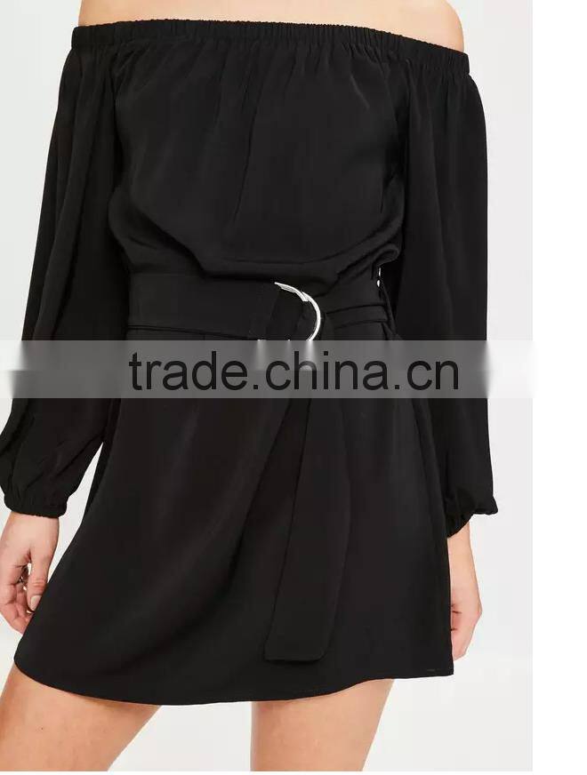 Fashion Design Long Shirt One Shoulder Off Dress Belt Shirt Dress
