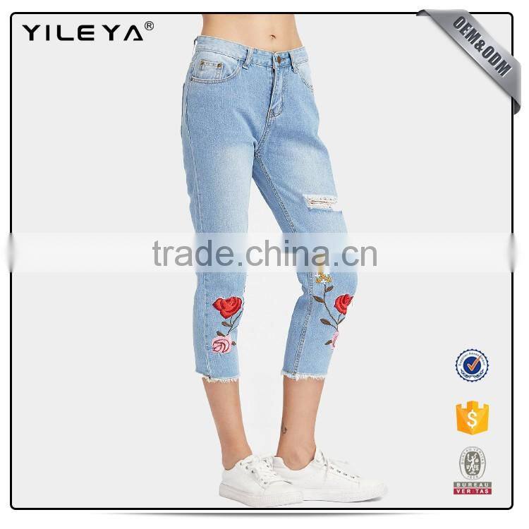 2017 fashion slim fit straight leg high waisted embroidered denim pants casual women's jeans