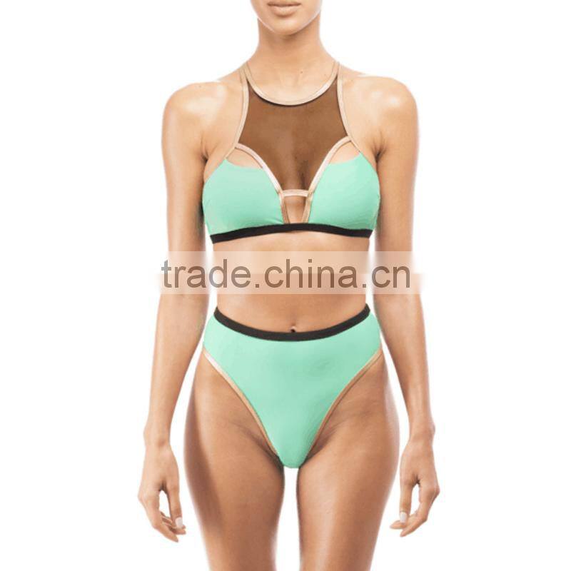 Polyester Bikini flexible backless two piece hollow transparent with Gauze patchwork Solid turquoise blue Sold By Set