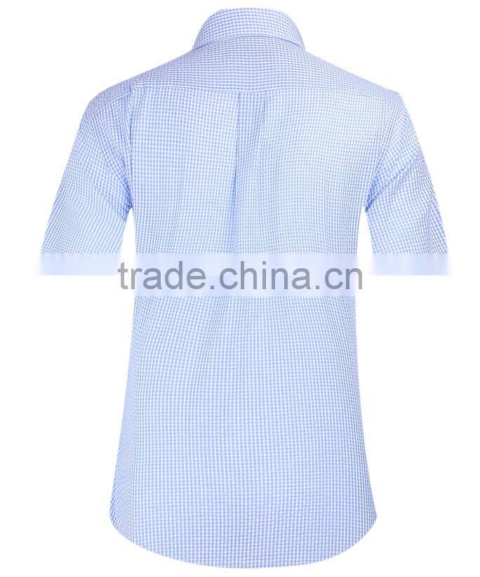 2017 new light blue checks men's short sleeve shirt wholesale