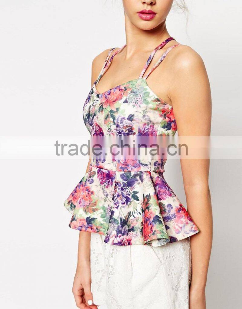 2016 Guangzhou Shandao OEM Women New Summer Sexy Spaghetti Strap Cross Back Slim Fit Cotton Flower Print Ladies Tops
