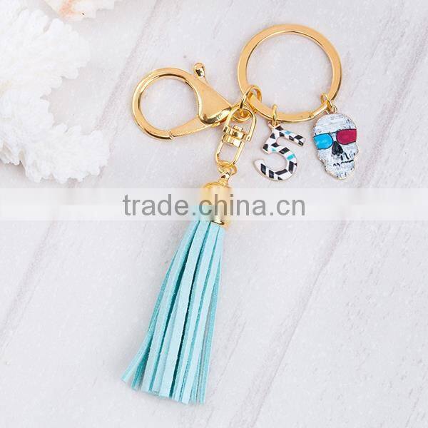 New Fashion Lobster Clasp Gold Plated Halloween Sugar Skull " 5 " Pendants With Velvet Suede Blue Tassel Key Chains Key Rings
