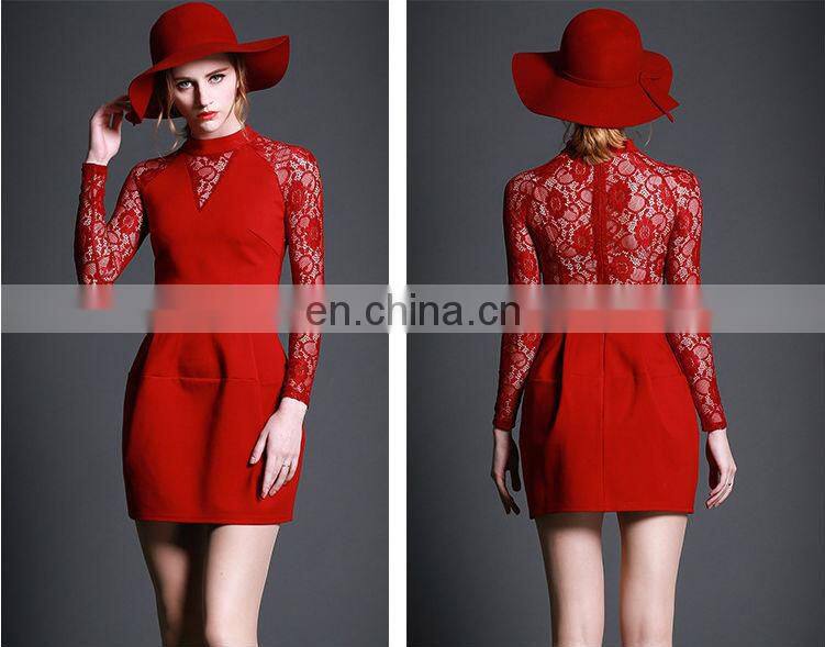 2015 European style women dress / red lace up skirt long sleeve