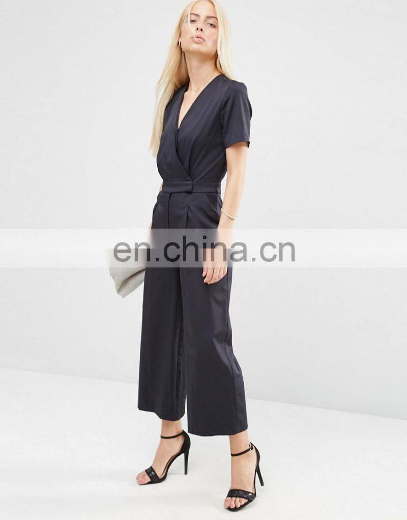 Fashion High Quality Short Sleeve V Neck Wrap Front Jumpsuit Uniform Women