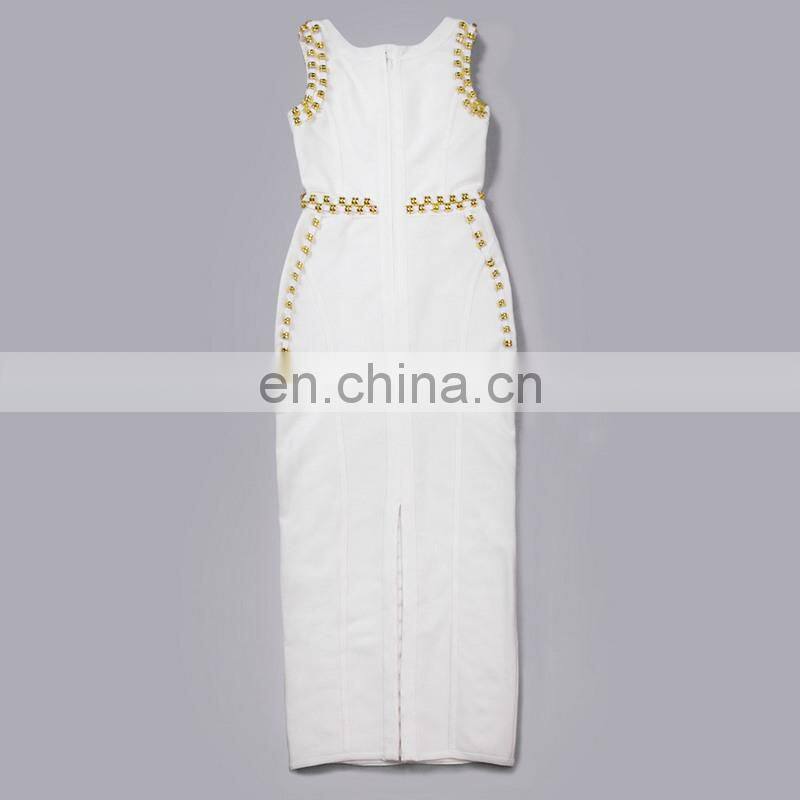 Amigo 2017 new design white sleeveless high slit heavy beaded sexy bandage dress maxi expensive evening dresses for women party