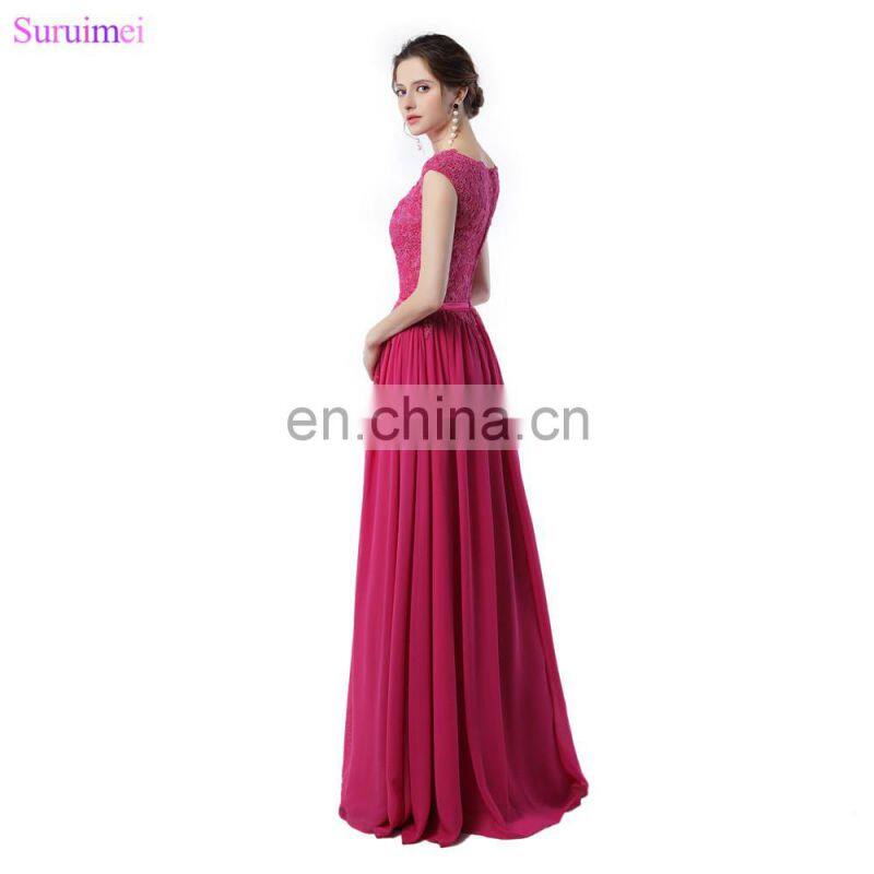 Rose Red Bridesmaid Dresses Lace Applique With Cap Sleeves High Neck Floor Length Chiffon Long Brides Maid Dress Vestidos De