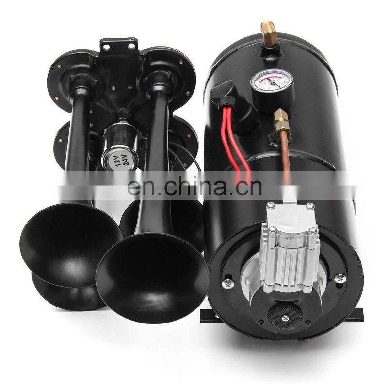 Truck Train Quad 4 Trumpet Air Horn Kit Black 170 PSI 12V 3Liters Compressor & House 150db